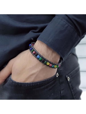 Sibelya Aksesuar %100 Deri̇ Çelik İp Sarma 6 mm Çakra Taşı Makrome Bi̇lekli̇k EBI_8270