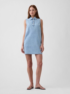 Gap Kadın Açık Mavi Kolsuz Yaka Detaylı Denim Mini Elbise