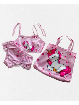 Empressco Kız Çocuk Pembe 3 Parça Unicorn Baskılı Sık Dokuma Bikini Takımı
