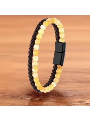 Sibelya Aksesuar %100 Deri Çoklu Saç Örme Sarı Akik Taşlı Kahve Bileklik Mıknatıs Kapama 20 cm EBI_8200