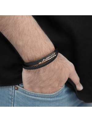 Sibelya Aksesuar % 100 Deri̇ Çoklu Gold '' Kemal Atatürk Imza '' Fi̇gürlü Çeli̇k Si̇yah Bi̇lekli̇k Miknatis Kapama EBI_8237