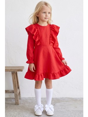 Parla Kids Kız Çocuk Catherine Kırmızı Fiyonklu Fırfırlı Uzun Kol Keten 23 Nisan 29 Ekim Gösteri Kıyafeti