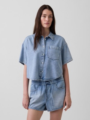 Gap Kadın Açık Mavi Ultrasoft Denim Oversized Kamp Gömlek
