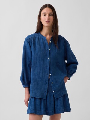 Gap Kadın Koyu Mavi Pamuk Gauze Denim Oversized Yakasız Gömlek
