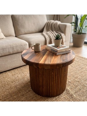 NeFizzDoğa Masif Ceviz Ahşap Orta Sehpa Yuvarlak Fluted Tasarımlı El Yapımı Salon Sehpası 50X35 cm