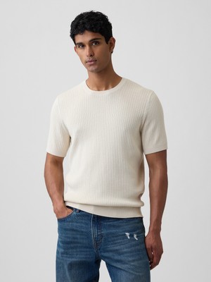 Gap Erkek Krem Ribbed Bisiklet Yaka Triko T-Shirt