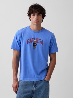 Gap Erkek Mavi Relaxed Branan Bear Logo T-Shirt