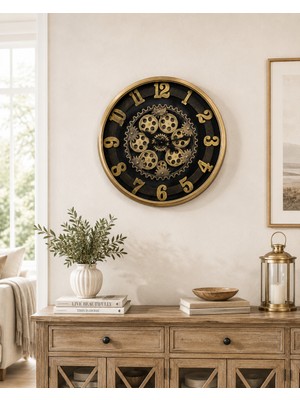 Sleep Nova Gold Steampunk Dekoratif Duvar Saati – Çarklı Büyük Boy Salon ve Ofis Saati