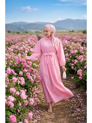 TKM Beli Büzgülü Çizgili Tesettür Elbise Pembe