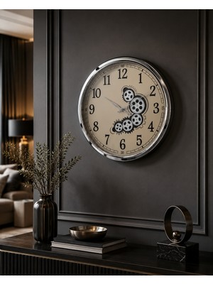 Sleep Nova Silver Gear Dekoratif Duvar Saati – Gümüş Çerçeveli Büyük Boy Salon ve Ofis Saati