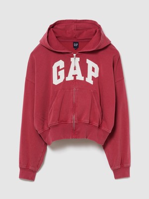 Gap Kadın Kırmızı Fransız Havlu Kumaş Oversized Gap Logo Fermuarlı Sweatshirt