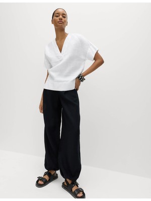 Marks & Spencer %100 Keten V Yaka Popover Bluz
