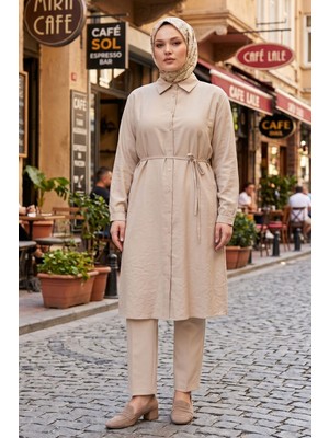 Modestim Kadın Taş Boydan Düğümeli Gömlek Yaka Belden Bağlamalı 100 cm Oversize Gömlek Tunik