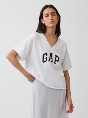 Gap Kadın Beyaz Fransız Havlu Kumaş Oversized Gap Logo V-Yaka Sweatshirt
