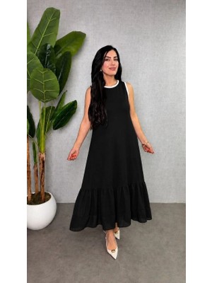 Defy Moda Kadın Askılı Yuvarlak Yakalı Etek Ucu Şifon Detaylı Uzun Viskon Iki Iplik Elbise