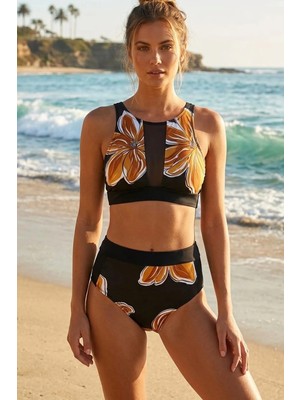 Argento Çiçek Desenli Transparan Detaylı Yüksek Bel Toparlayıcı Badi Bikini Takımı