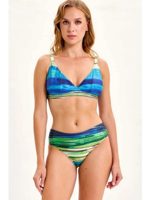 Argento Nadide Kadın Bikini Takımı Mavi Yeşil Çizgili
