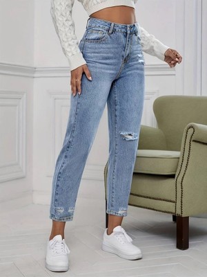 Defy Moda Kadın Açık Mavi Yırtık Mom Fit Kot Pantolon