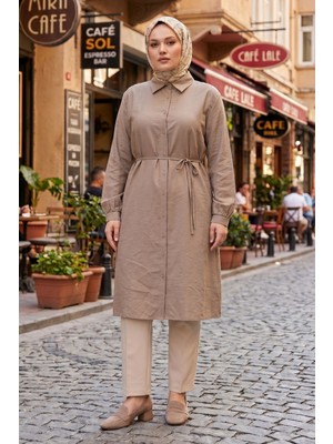 Modestim Kadın Vizon Boydan Düğümeli Gömlek Yaka Belden Bağlamalı 100 cm Oversize Gömlek Tunik