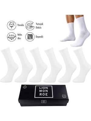 Lion Monroe Saf Pamuklu Erkek TENİS Uzun Düz Beyaz Soket Çorap Dikişsiz Basic Penye Premium Hediye Kutulu 6'lı Prime Cotton Serisi L5952BZNS