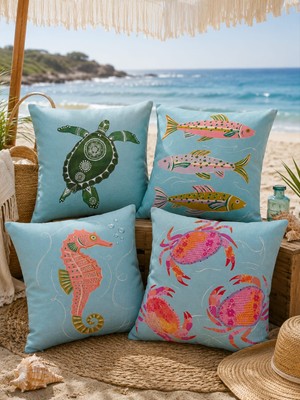 Pikko Home Sahil Esintisi 4'lü Dijital Baskı Polyester Kırlent Kılıfı Seti(Kr)
