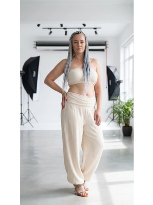 Byemelika %100 Pamuk, Bürümcük, Paça Lastik Detay Bohem Büstiyer & Pantolon Takım (Bej)