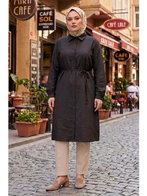 Modestim Kadın Siyah Boydan Düğümeli Gömlek Yaka Belden Bağlamalı 100 cm Oversize Gömlek Tunik
