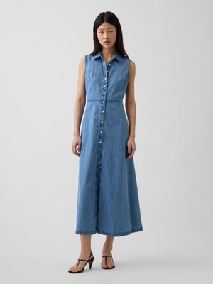 Gap Kadın Mavi Ultrasoft Denim Maxi Gömlek Elbise