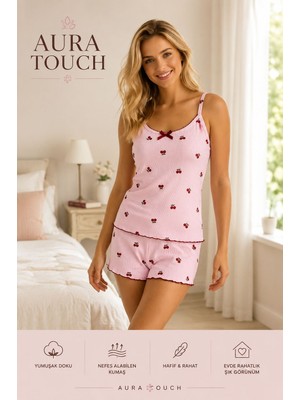 Aura Touch Manolya Kaşkorse Kiraz Desenli Sortlu Askılı Pijama