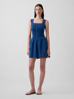 Gap Kadın Mavi Pintuck Drop-Waist Mini Elbise