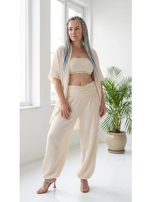 Byemelika %100 Pamuk, Bürümcük, Lastik Detay, Bohem Lidya Kaftan (Bej)