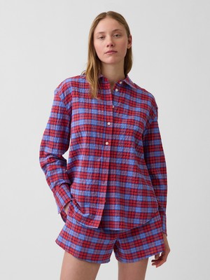 Gap Kadın Kırmızı Seersucker Kareli Oversized Gömlek