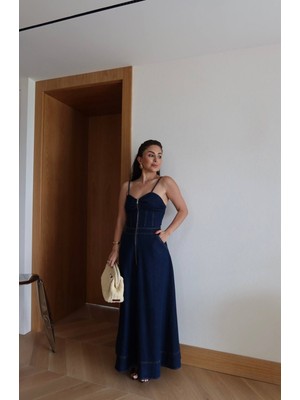 Ans Butik Kadın Askılı Fermuar Detaylı Denim Elbise