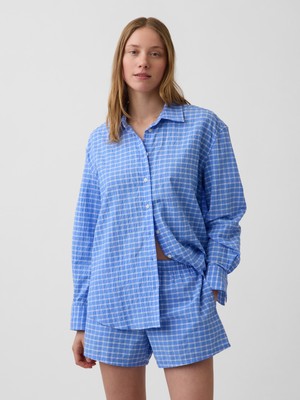 Gap Kadın Açık Mavi Seersucker Kareli Oversized Gömlek