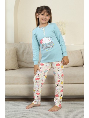 Miniğimin Cicileri Bulut Baskılı Düğmeli Kız Çocuk Pijama takımı - Mavi