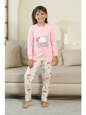 Miniğimin Cicileri Bulut Baskılı Düğmeli Kız Çocuk Pijama takımı - Pembe