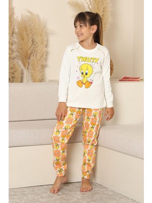Miniğimin Cicileri Sevimli Civciv Baskılı Kız Çocuk Pijama takımı - Beyaz