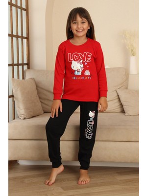 Miniğimin Cicileri Hll Kty Love  Baskılı Kız Çocuk Pijama takımı - Kırmızı
