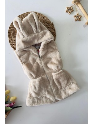 Miniğimin Cicileri Kulak Detaylı Peluş Cepli Çocuk yelek - Bej