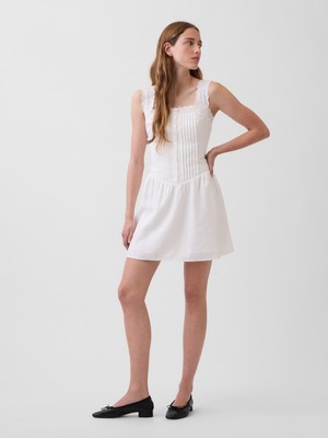 Gap Kadın Beyaz Pintuck Drop-Waist Mini Elbise