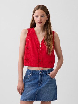Gap Kadın Kırmızı Keten Karışımlı Işlemeli Crop Shell Askılı Bluz