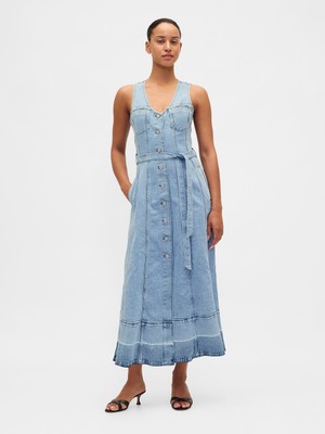 Gap Kadın Açık Mavi Denim Kemerli Düğmeli Maxi Elbise