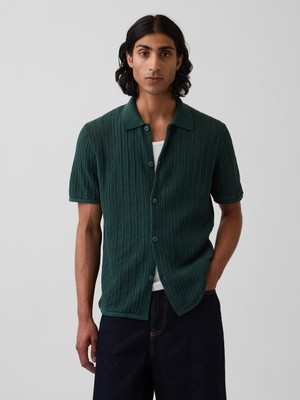 Gap Erkek Koyu Yeşil Dokulu Relaxed Triko Gömlek