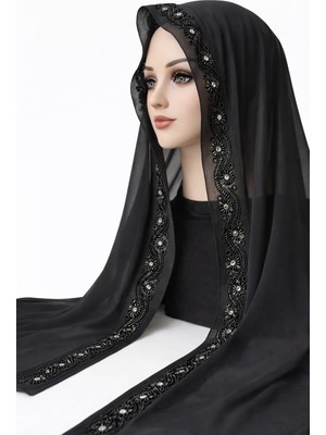 Mevlüt Örtüsü - Siyah Boncuk Işlemeli Özel Tasarım Şifon Mevlüt Örtüsü 75×150
