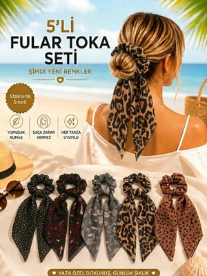 My Takı Store Leopar Desen 5li Lastikli Fularlı Simit Toka Seti