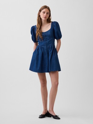 Gap Kadın Mavi Denim Puff-Sleeve Kalp Yaka Mini Elbise
