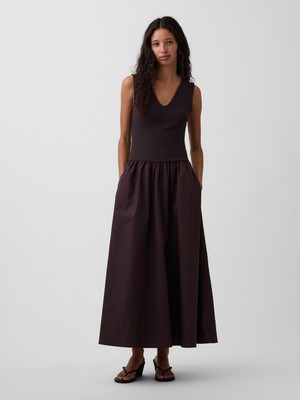 Gap Kadın Kahverengi Mixed Media Drop-Waist Maxi Elbise