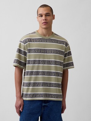 Gap Erkek Haki Keith Haring Oversized Çizgili T-Shirt