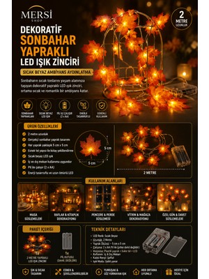 Mersi Shop Dekoratif Sonbahar Yapraklı LED Işık Zinciri 2 Metre | Pilli Sıcak Beyaz Ambiyans Aydınlatma