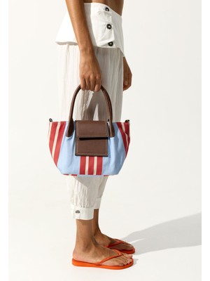 Parfois Kadın Kapaklı Çizgili Teknik Kumaş Tote Çanta Casual Stil ile Günlük Kullanım İçin